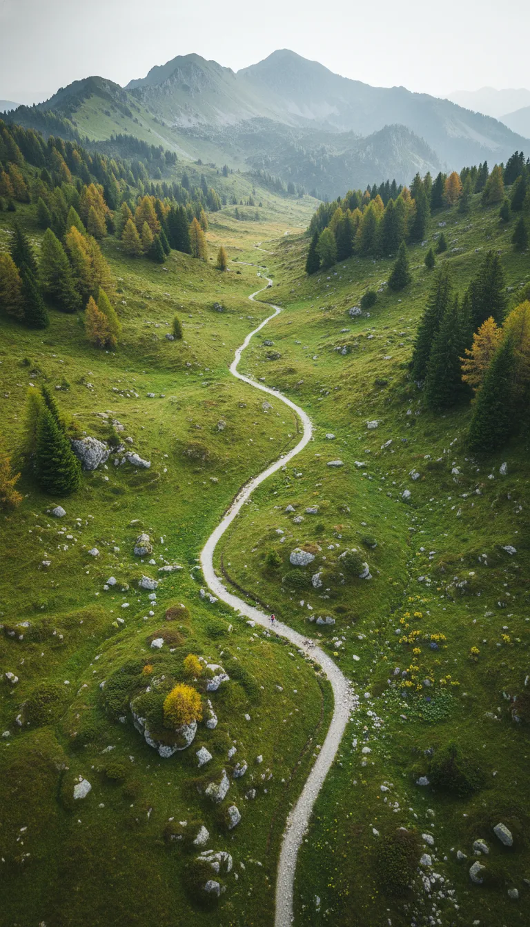 Wanderweg von den Gipfeln hinab durch die gruenen Huegel der Weststeiermark