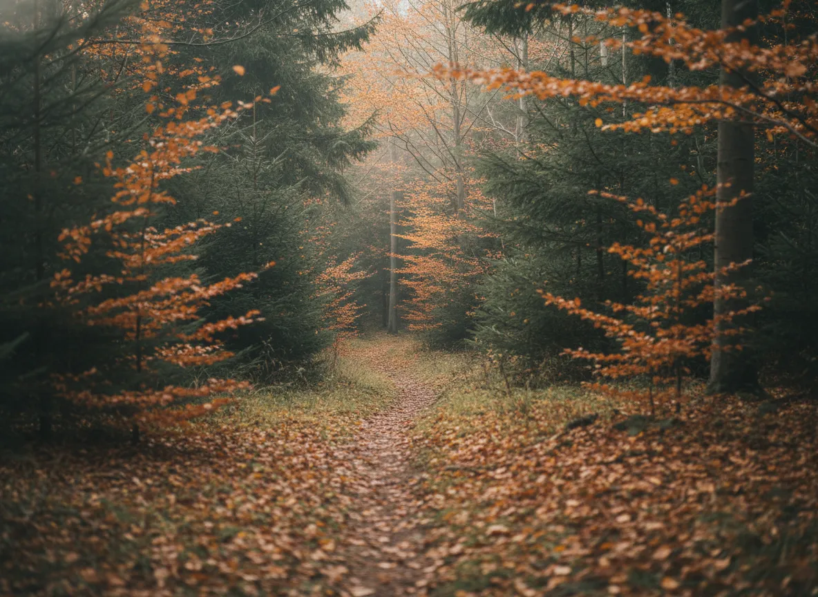 Schmaler Waldweg durch den steirischen Herbstwald - Coaching in Bewegung
