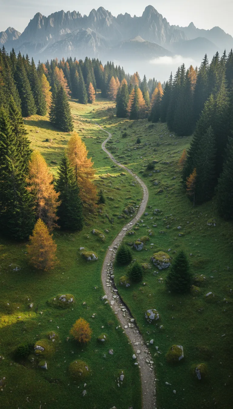 Hoher Blickwinkel auf eine Wanderbrücke - oben die Gipfel, unten der Weg durch saftig grüne steirische Almwiesen