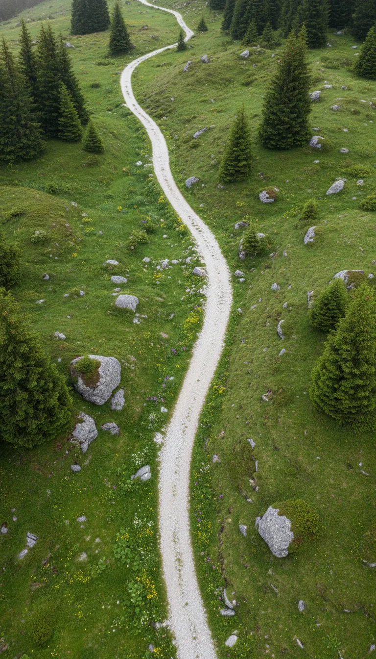 Blick von oben auf einen gewundenen Weg durch grüne Almwiese, Stein und Wald
