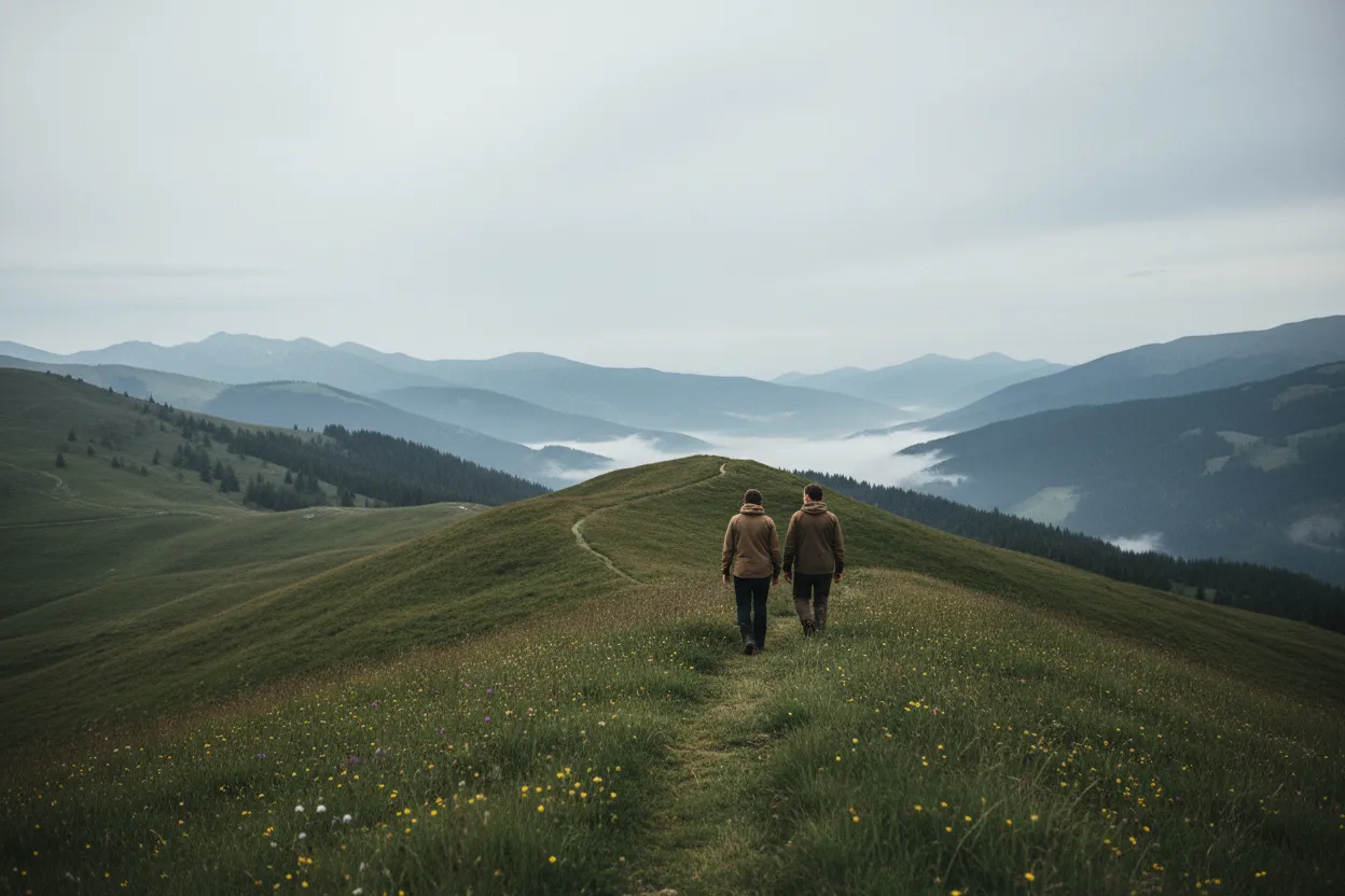 Gemeinsam unterwegs auf einem Höhenweg in der Steiermark